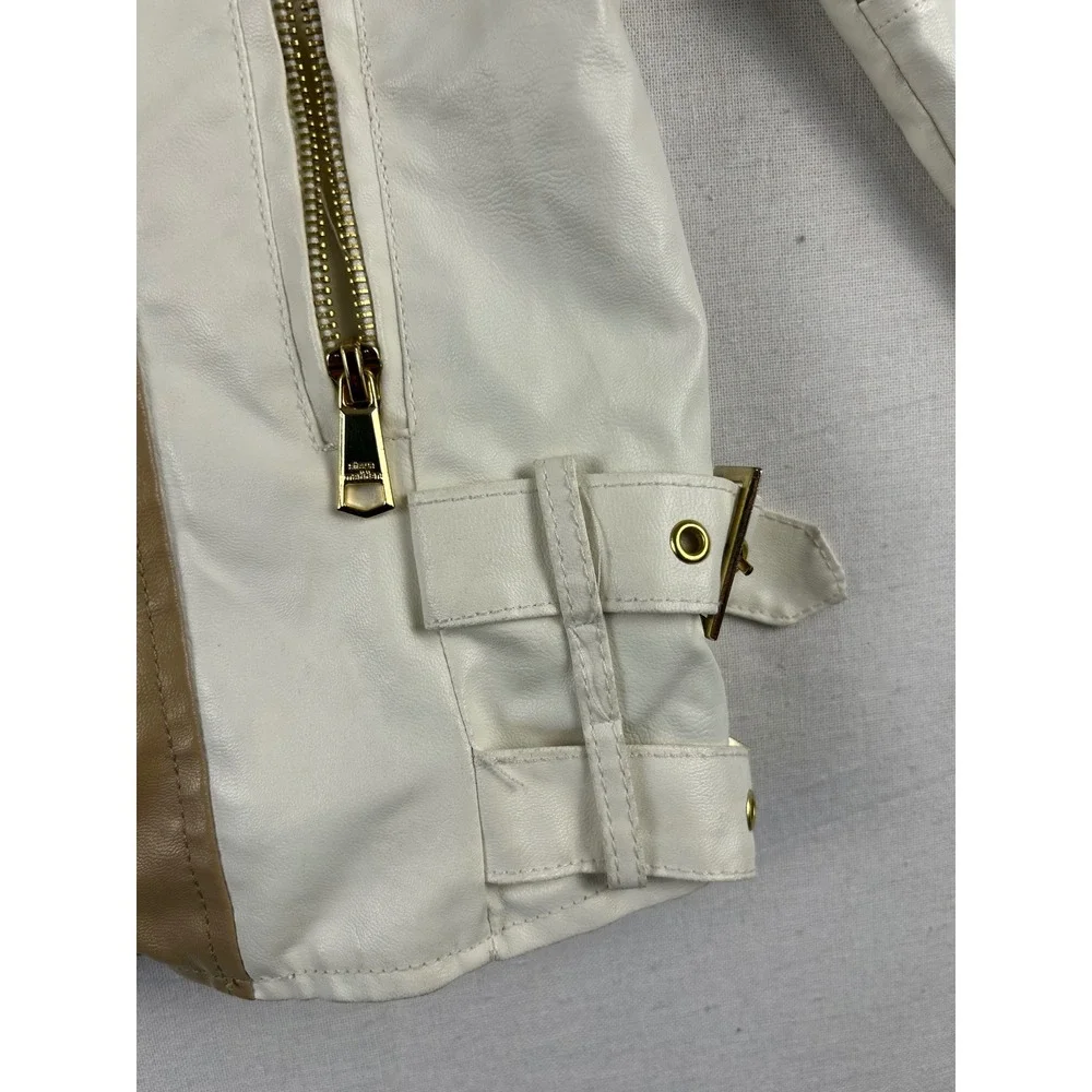Steve Madden Tan Cream Colorblock Faux Leather Moto Jacket Gold Hardware Medium